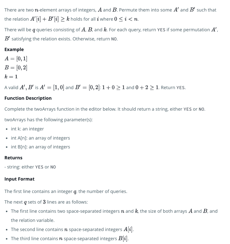 HackerRank 問題: twoArrays