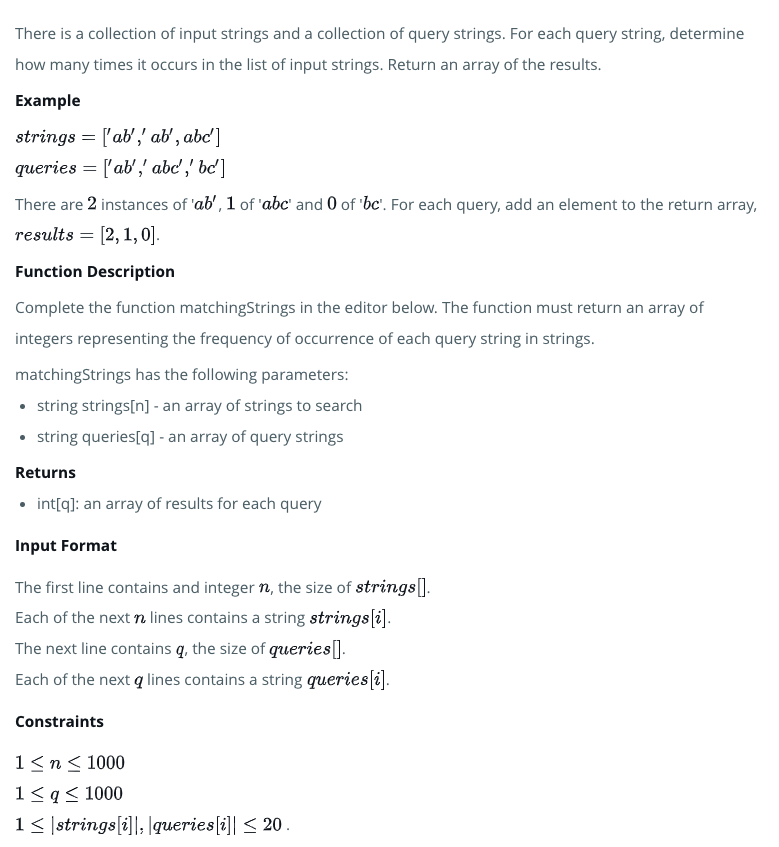 HackerRank 问题: matchingStrings