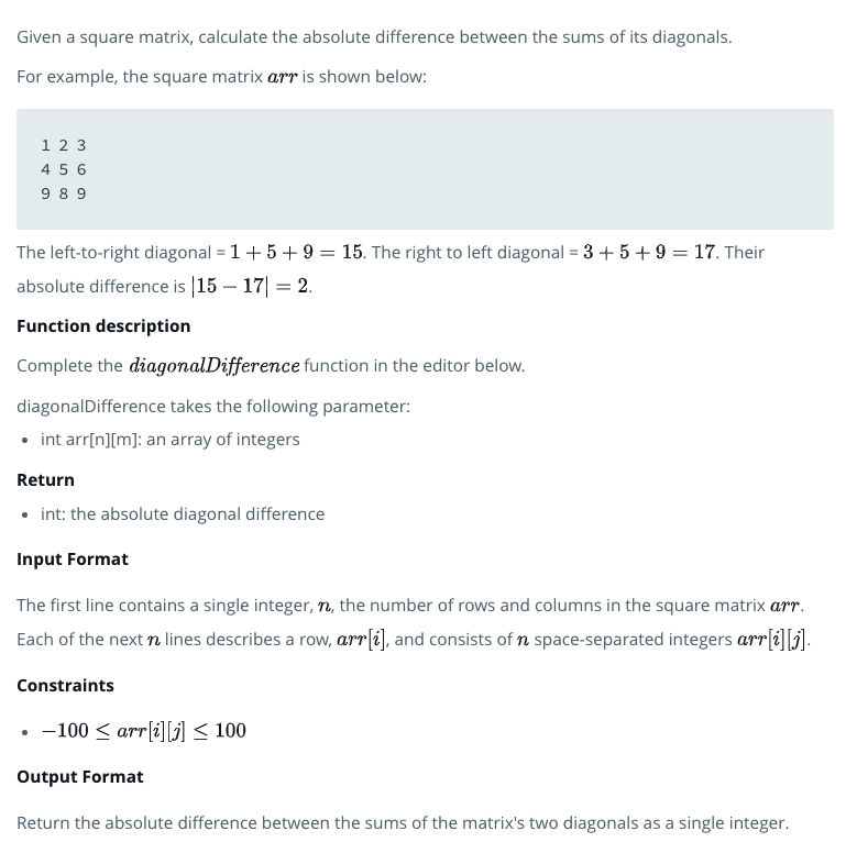 HackerRank 问题: Diagonal Difference