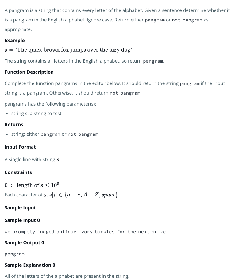 HackerRank 问题: pangrams