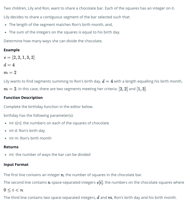 HackerRank 问题: Subarray Division 1