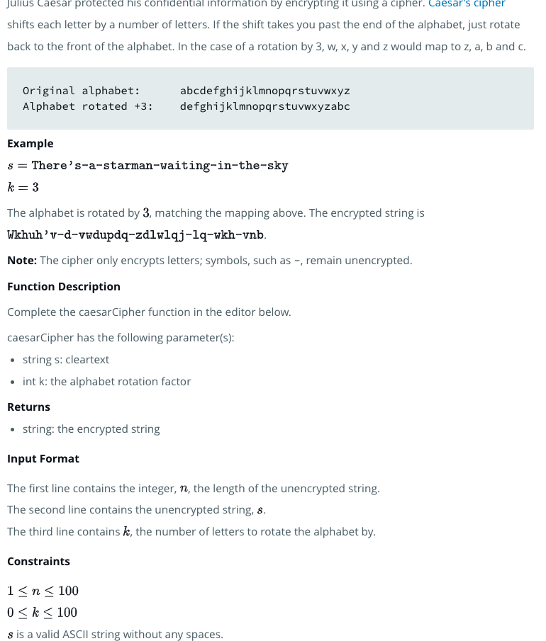HackerRank 问题: Caesar Cipher