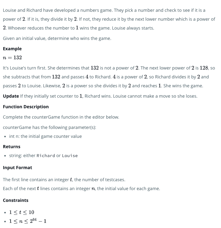 HackerRank 问题: Counter game