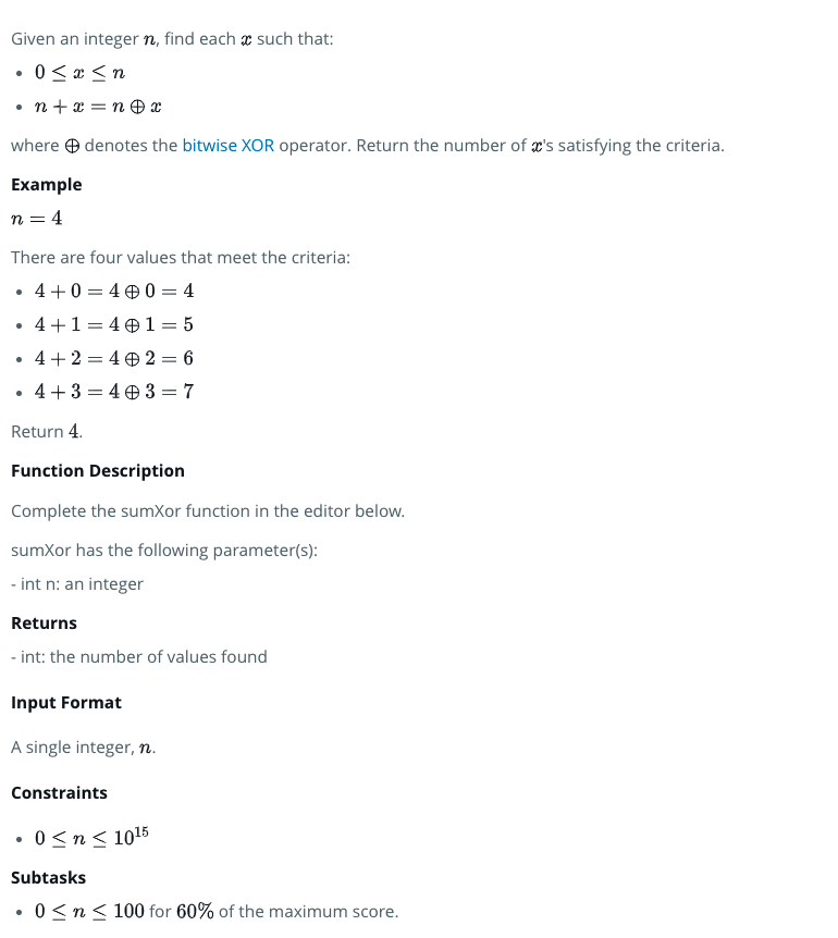 HackerRank 问题: Sum vs XOR